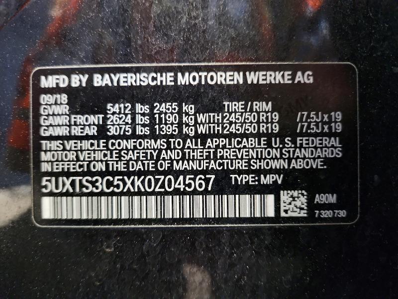 48404386 :رقم المزاد ، 5UXTS3C5XK0Z04567 vin ، 2019 Bmw X3 مزاد بيع