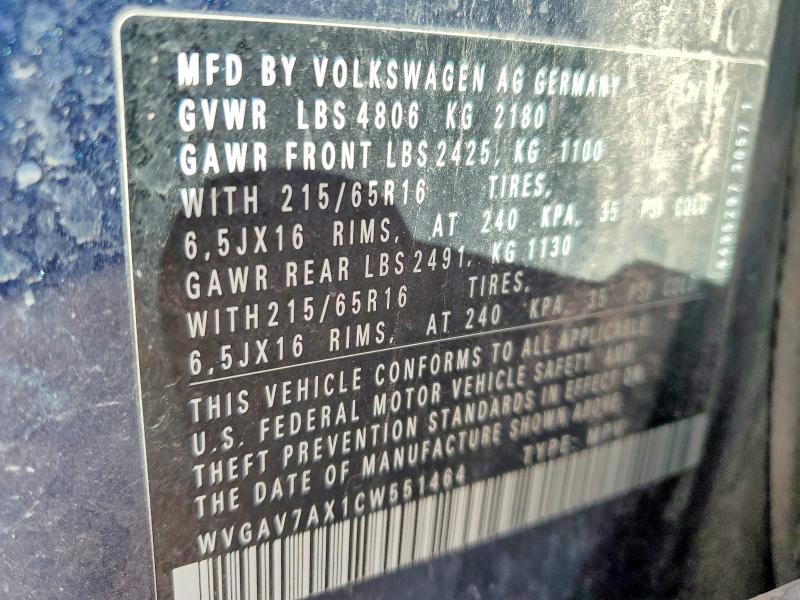 Продажа на аукционе авто 2012 Volkswagen Tiguan, vin: WVGAV7AX1CW551464, номер лота: 48473846