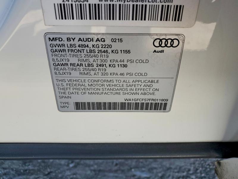 2015 Audi Q3 მანქანა იყიდება აუქციონზე, vin: WA1GFCFS7FR011809, აუქციონის ნომერი: 48966956
