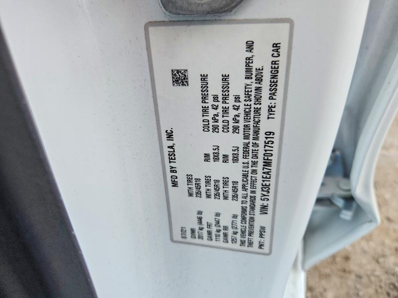 Продаж на аукціоні авто 2021 Tesla Model 3, vin: 5YJ3E1EA7MF017519, номер лоту: 50999576