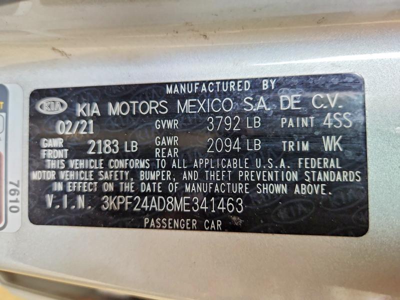 2021 Kia Forte მანქანა იყიდება აუქციონზე, vin: 3KPF24AD8ME341463, აუქციონის ნომერი: 49630126