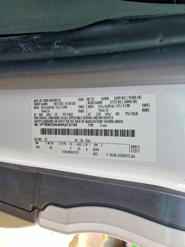 Aukcja sprzedaży 2022 Ford Transit, vin: 1FTBW3XK4NKA72749, numer aukcji: 48285506