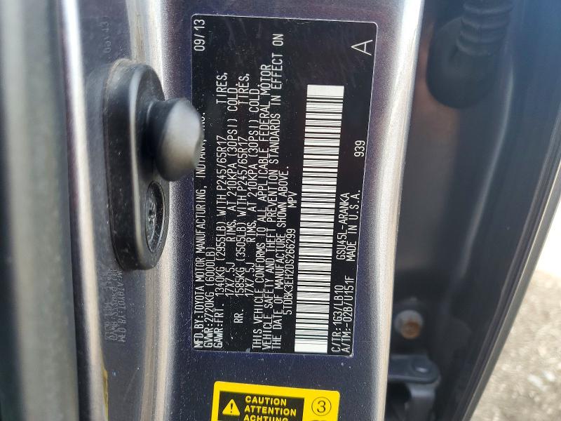 Aukcja sprzedaży 2013 Toyota Highlander, vin: 5TDBK3EH2DS266299, numer aukcji: 48677006