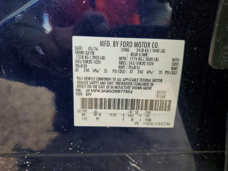 Aukcja sprzedaży 2016 Ford Edge, vin: 2FMPK3K80GBB77892, numer aukcji: 79803055