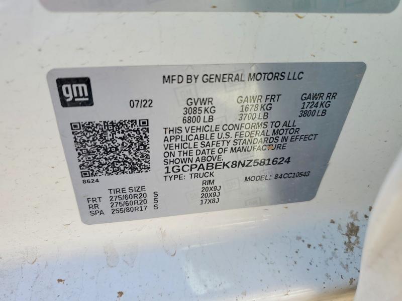 Aukcja sprzedaży 2022 Chevrolet Silverado, vin: 1GCPABEK8NZ581624, numer aukcji: 51198466