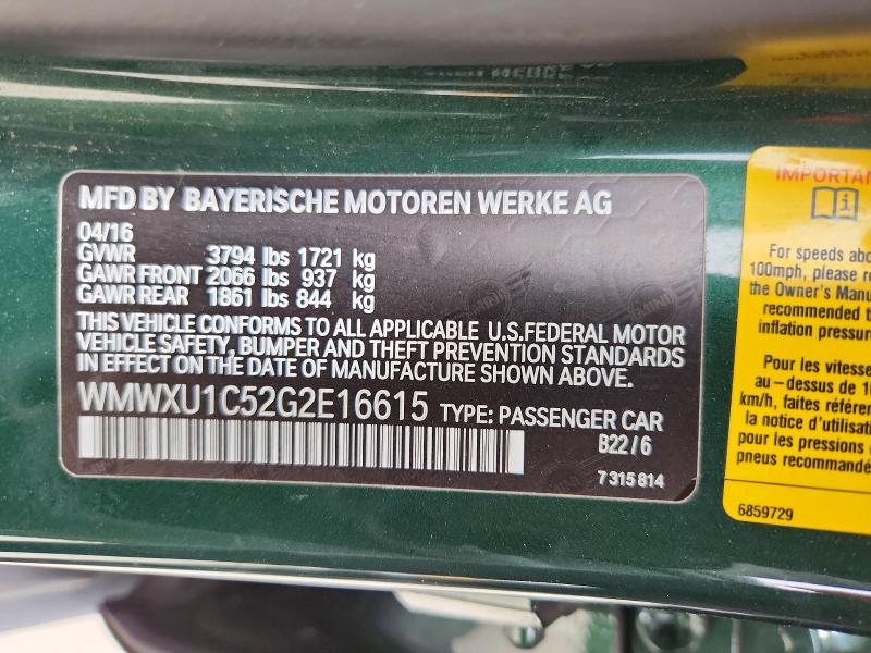 51168606 :رقم المزاد ، WMWXU1C52G2E16615 vin ، 2016 Mini Cooper مزاد بيع