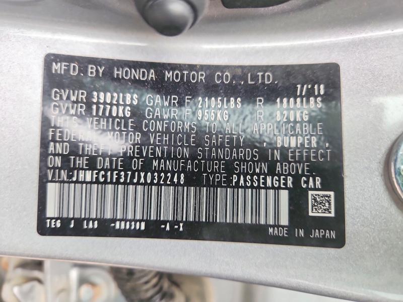 49097786 :رقم المزاد ، JHMFC1F37JX032248 vin ، 2018 Honda Civic مزاد بيع