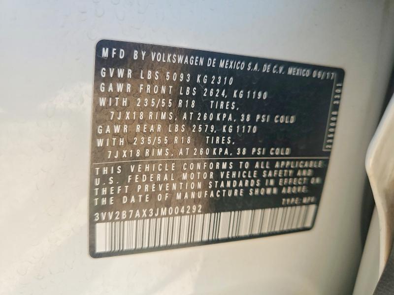 Aukcja sprzedaży 2018 Volkswagen Tiguan, vin: 3VV2B7AX3JM004292, numer aukcji: 49739586