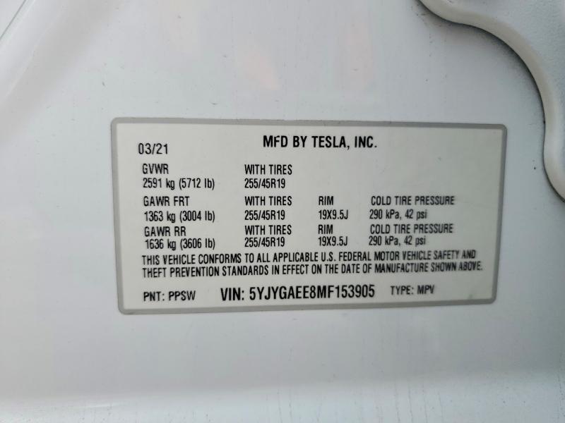 2021 Tesla Model Y მანქანა იყიდება აუქციონზე, vin: 5YJYGAEE8MF153905, აუქციონის ნომერი: 49506216