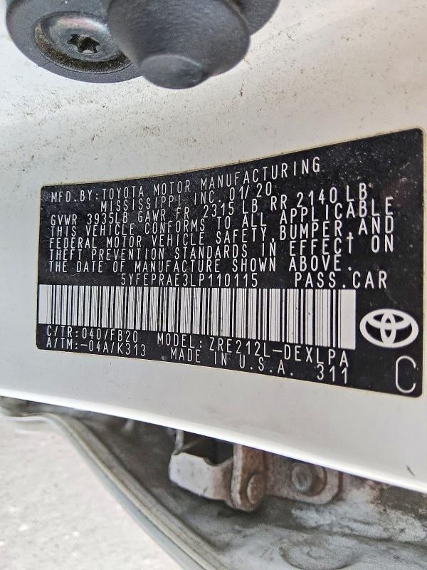 47998726 :رقم المزاد ، 5YFEPRAE3LP110115 vin ، 2020 Toyota Corolla مزاد بيع