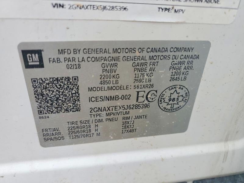 2018 Chevrolet Equinox მანქანა იყიდება აუქციონზე, vin: 2GNAXTEX5J6285396, აუქციონის ნომერი: 49561616