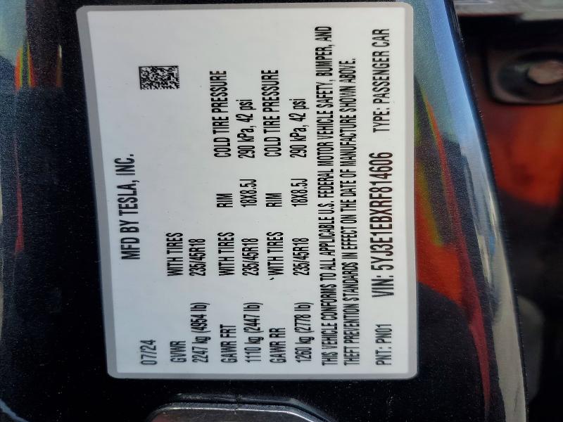 Aukcja sprzedaży 2024 Tesla Model 3, vin: 5YJ3E1EBXRF814606, numer aukcji: 51378756