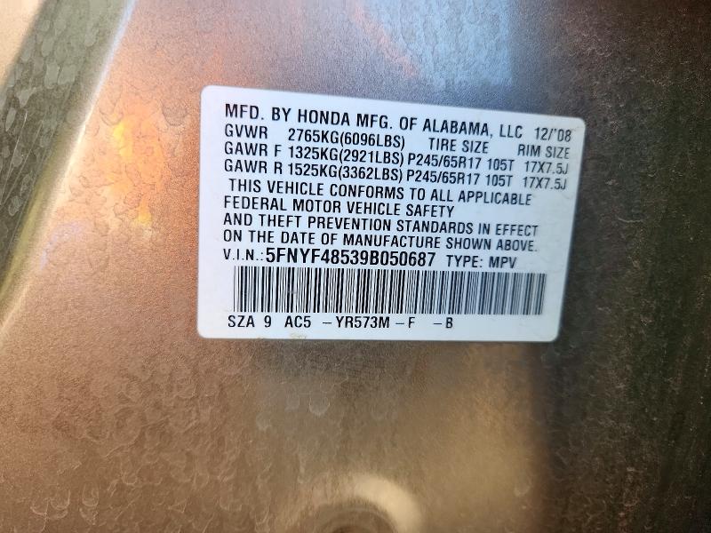 47534946 :رقم المزاد ، 5FNYF48539B050687 vin ، 2009 Honda Pilot مزاد بيع