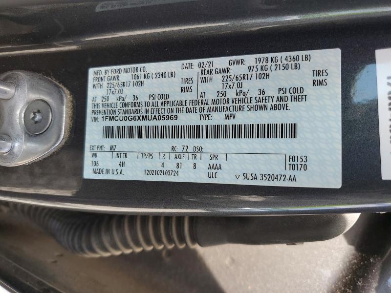 51672586 :رقم المزاد ، 1FMCU0G6XMUA05969 vin ، 2021 Ford Escape مزاد بيع