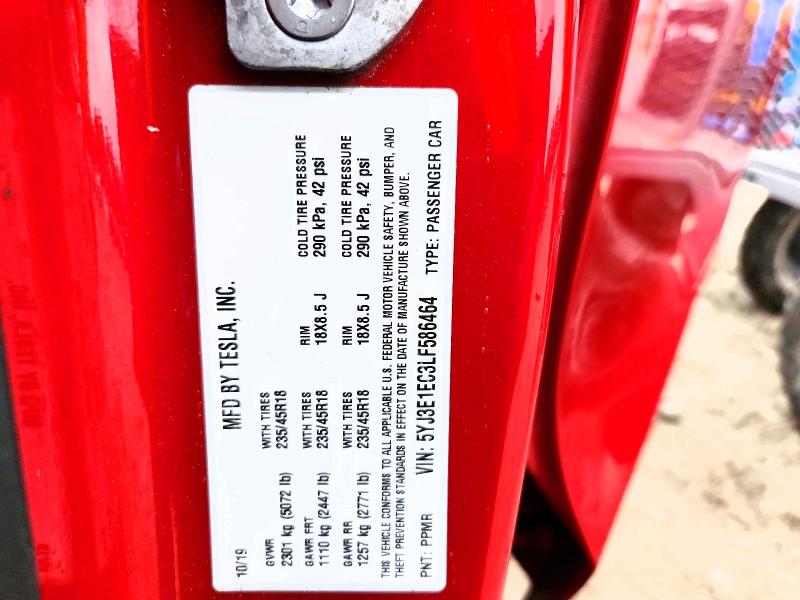 Продаж на аукціоні авто 2020 Tesla Model 3, vin: 5YJ3E1EC3LF586464, номер лоту: 48387716