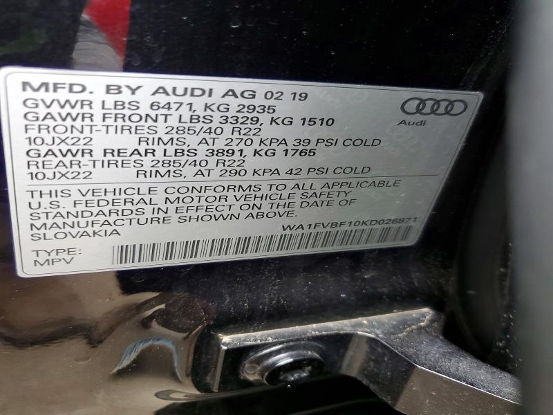 48602646 :رقم المزاد ، WA1FVBF10KD026871 vin ، 2019 Audi Q8 مزاد بيع