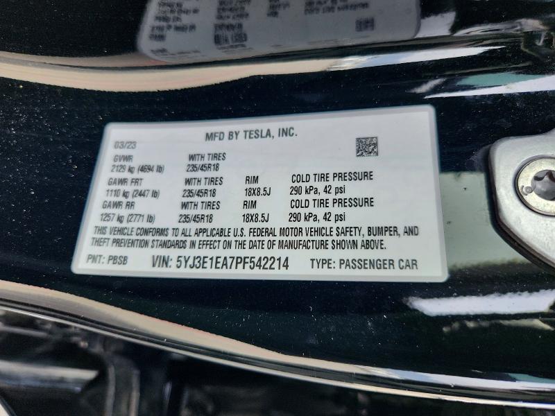 Продажа на аукционе авто 2023 Tesla Model 3, vin: 5YJ3E1EA7PF542214, номер лота: 49295946