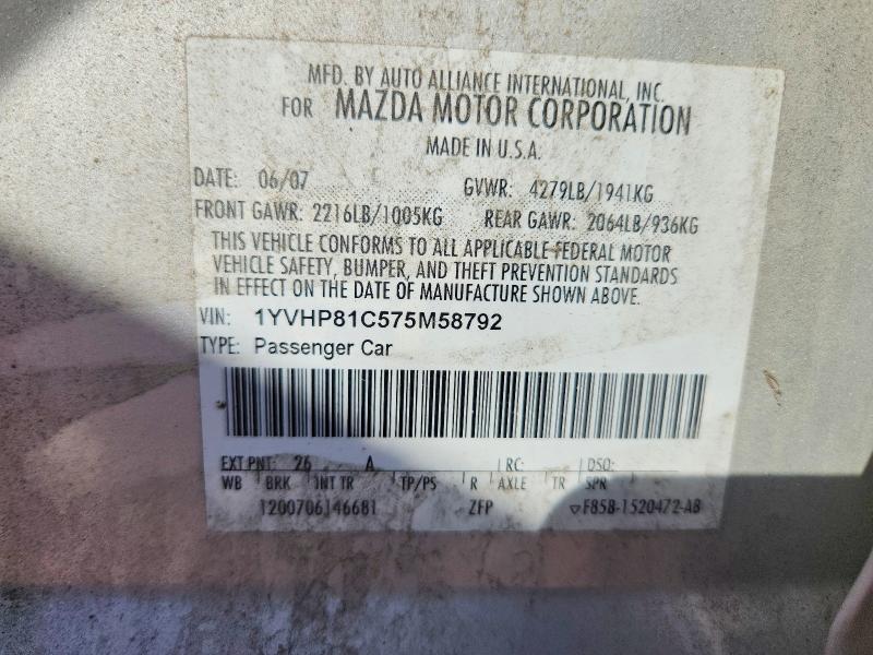45483576 :رقم المزاد ، 1YVHP81C575M58792 vin ، 2007 Mazda Speed 6 مزاد بيع