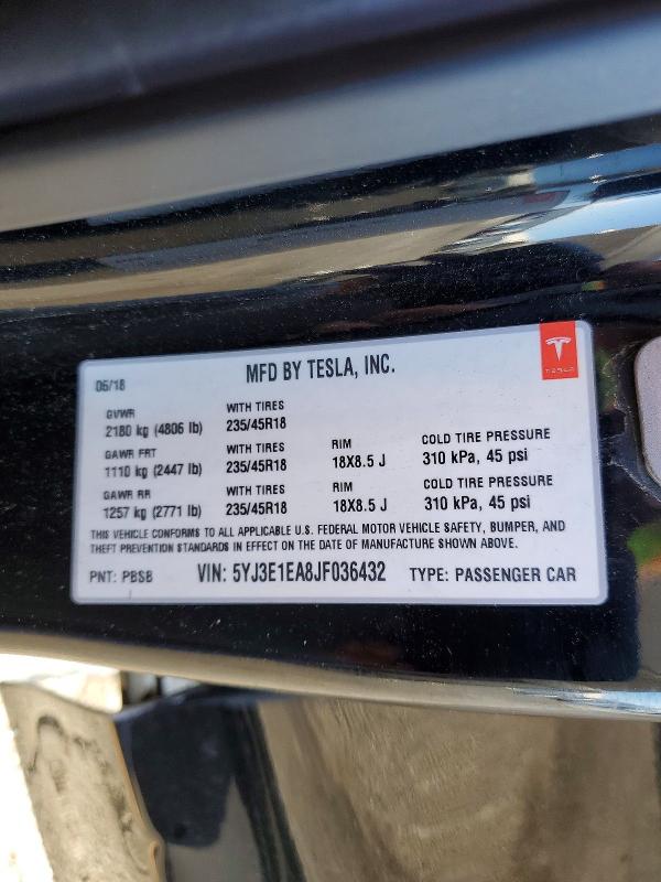 2018 Tesla Model 3 მანქანა იყიდება აუქციონზე, vin: 5YJ3E1EA8JF036432, აუქციონის ნომერი: 49904116
