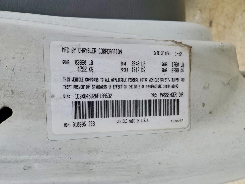 Продажа на аукционе авто 1992 Chrysler Lebaron, vin: 1C3XU4532NF189532, номер лота: 50192746