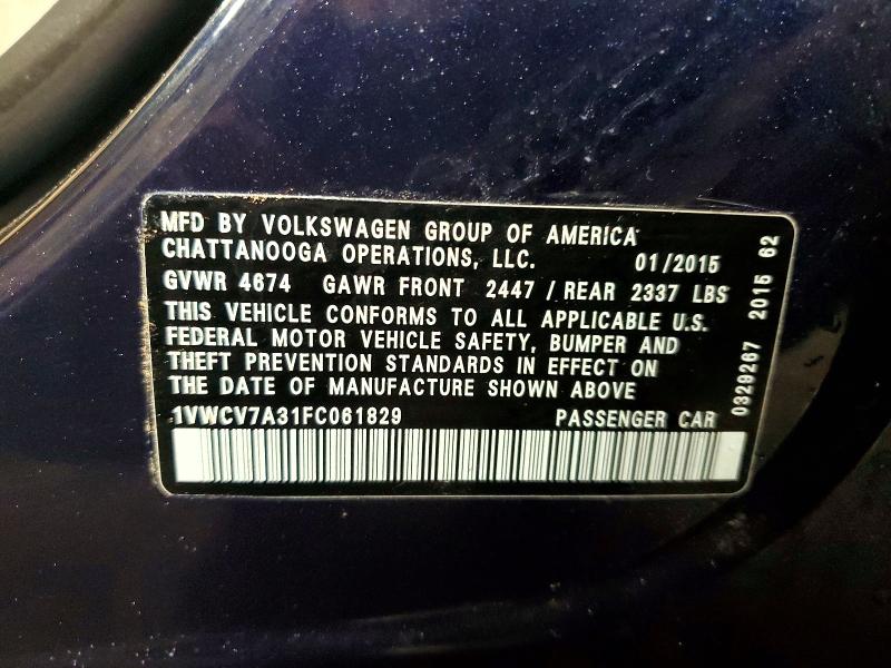 Aukcja sprzedaży 2015 Volkswagen Passat, vin: 1VWCV7A31FC061829, numer aukcji: 50507206