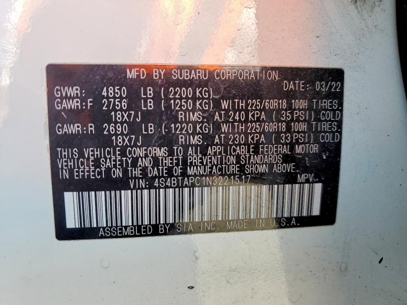 48846716 :رقم المزاد ، 4S4BTAPC1N3221517 vin ، 2022 Subaru Outback مزاد بيع