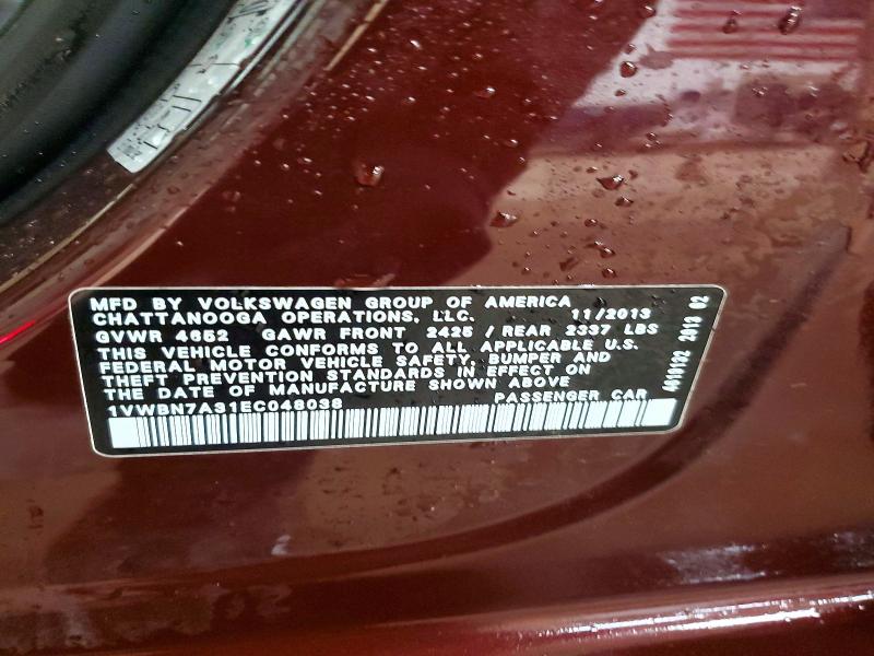 2014 Volkswagen Passat მანქანა იყიდება აუქციონზე, vin: 1VWBN7A31EC048038, აუქციონის ნომერი: 50267156