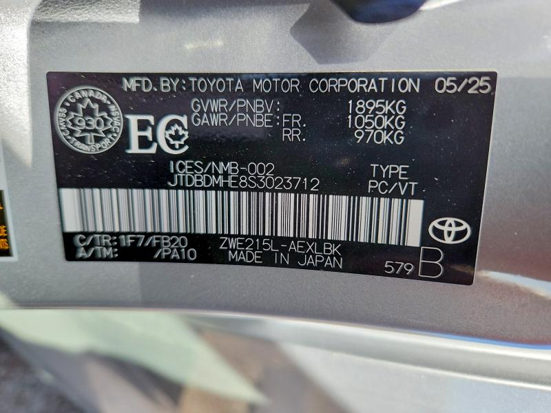 Aukcja sprzedaży 2025 Toyota Corolla Hybrid, vin: JTDBDMHE8S3023712, numer aukcji: 50647876
