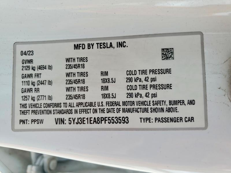 Продаж на аукціоні авто 2023 Tesla Model 3, vin: 5YJ3E1EA8PF553593, номер лоту: 49640046