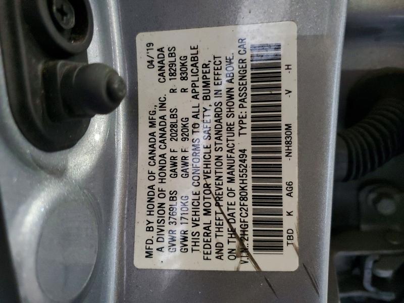 2019 Honda Civic მანქანა იყიდება აუქციონზე, vin: 2HGFC2F80KH552494, აუქციონის ნომერი: 51139786