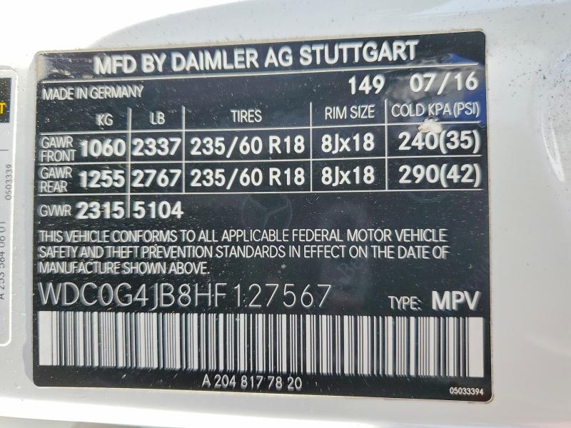 48927016 :رقم المزاد ، WDC0G4JB8HF127567 vin ، 2017 Mercedes-benz Glc مزاد بيع