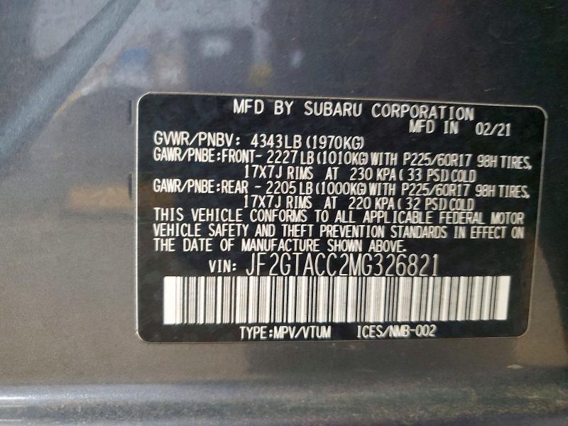 Продаж на аукціоні авто 2021 Subaru Crosstrek, vin: JF2GTACC2MG326821, номер лоту: 50133036