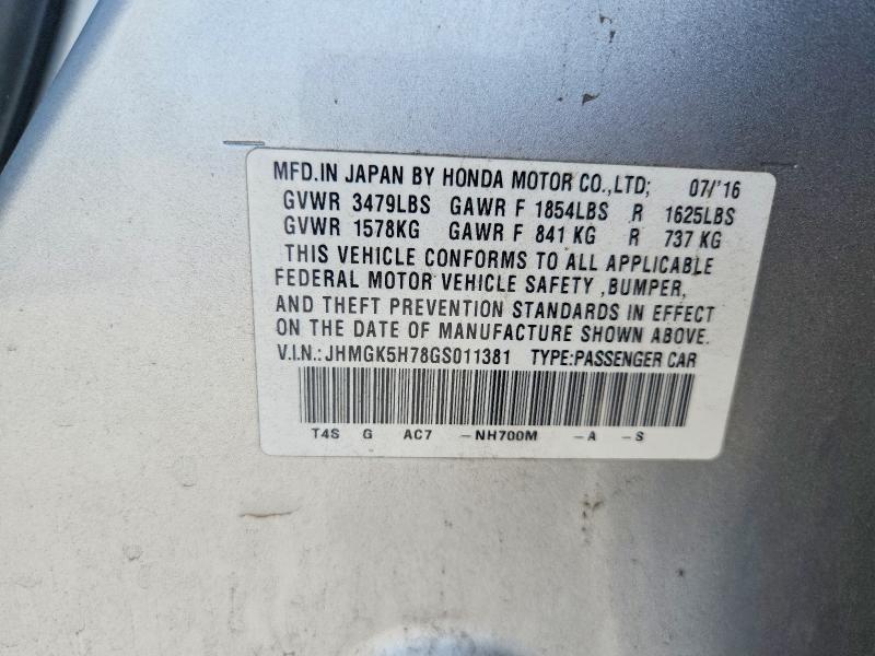 50612156 :رقم المزاد ، JHMGK5H78GS011381 vin ، 2016 Honda Fit مزاد بيع