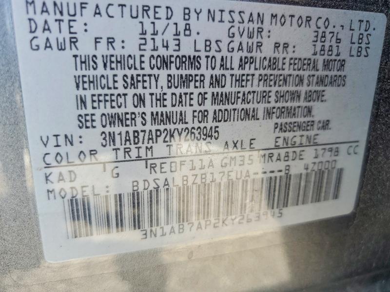 2019 Nissan Sentra მანქანა იყიდება აუქციონზე, vin: 3N1AB7AP2KY263945, აუქციონის ნომერი: 51153276