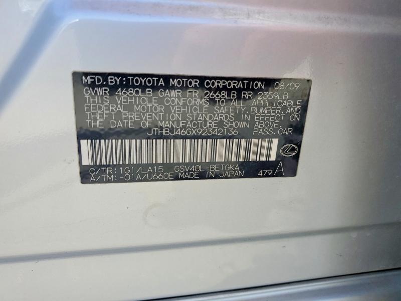 Aukcja sprzedaży 2009 Lexus Es, vin: JTHBJ46GX92342136, numer aukcji: 50681616