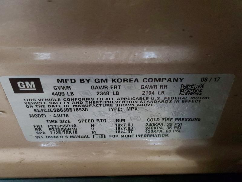 48418406 :رقم المزاد ، KL4CJESB6JB518930 vin ، 2018 Buick Encore مزاد بيع