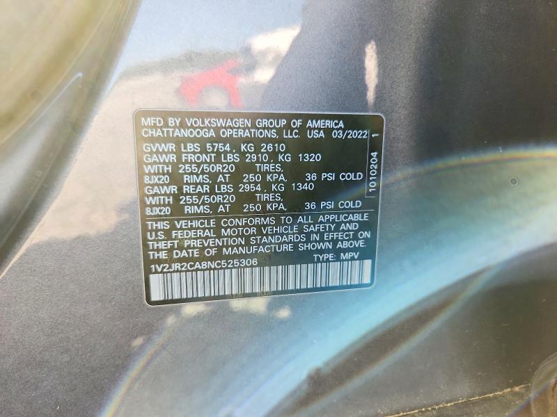 2022 Volkswagen Atlas მანქანა იყიდება აუქციონზე, vin: 1V2JR2CA8NC525306, აუქციონის ნომერი: 49377106