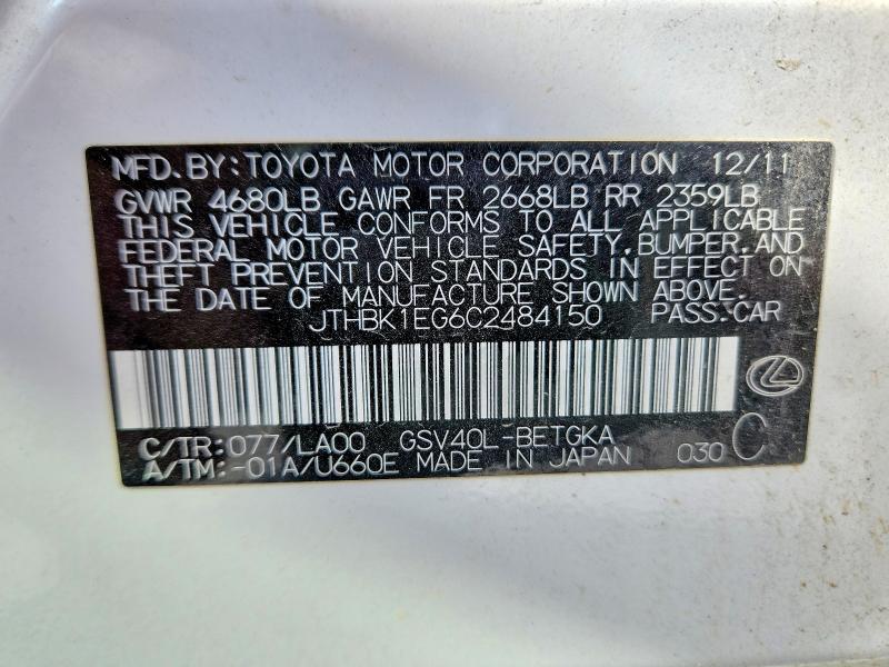 Aukcja sprzedaży 2012 Lexus Es, vin: JTHBK1EG6C2484150, numer aukcji: 50249546