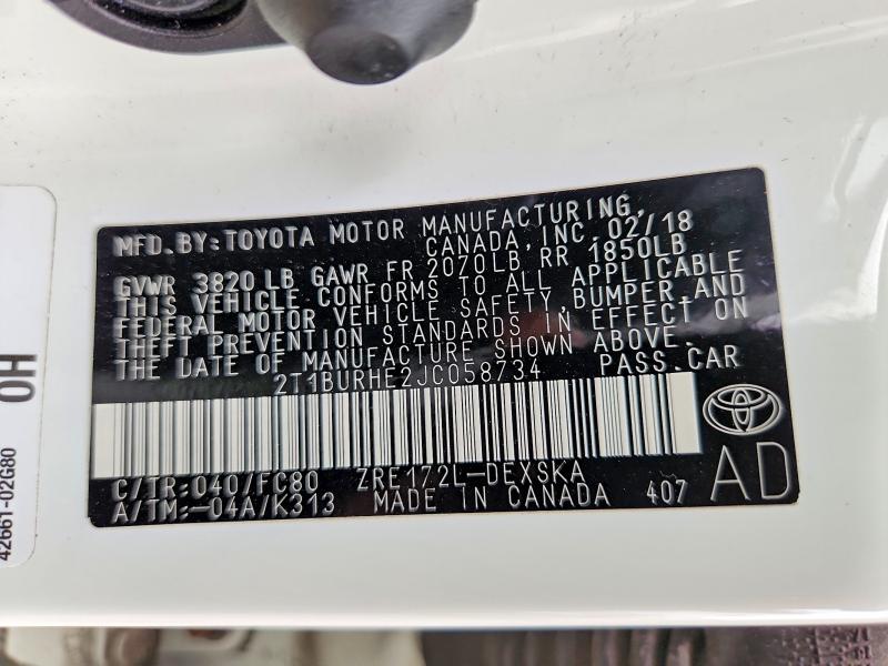 2018 Toyota Corolla მანქანა იყიდება აუქციონზე, vin: 2T1BURHE2JC058734, აუქციონის ნომერი: 51808816