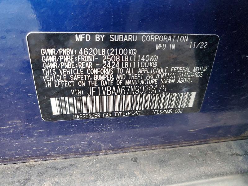 2022 Subaru Wrx მანქანა იყიდება აუქციონზე, vin: JF1VBAA67N9028475, აუქციონის ნომერი: 48027686