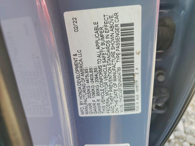 Aukcja sprzedaży 2022 Honda Accord, vin: 1HGCV2F32NA004789, numer aukcji: 51401236