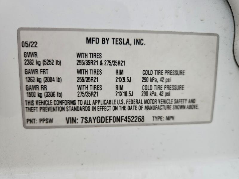 51147106 :رقم المزاد ، 7SAYGDEF0NF452268 vin ، 2022 Tesla Model Y مزاد بيع