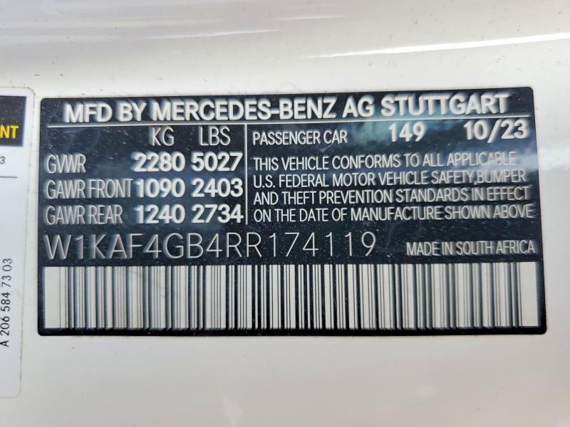2024 Mercedes-benz C მანქანა იყიდება აუქციონზე, vin: W1KAF4GB4RR174119, აუქციონის ნომერი: 51448806