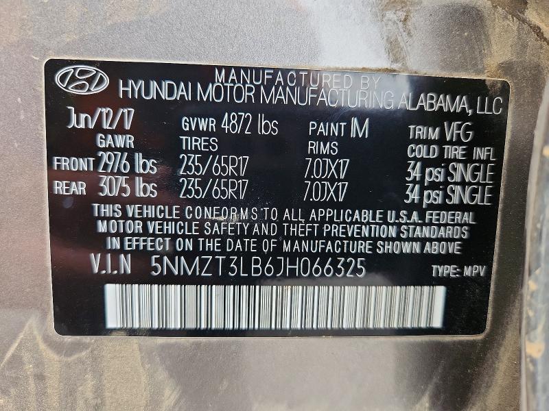 2018 Hyundai Santa Fe Sport მანქანა იყიდება აუქციონზე, vin: 5NMZT3LB6JH066325, აუქციონის ნომერი: 49812516