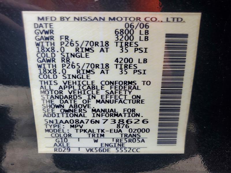 Aukcja sprzedaży 2006 Nissan Armada, vin: 5N1AA08A76N738626, numer aukcji: 48304116