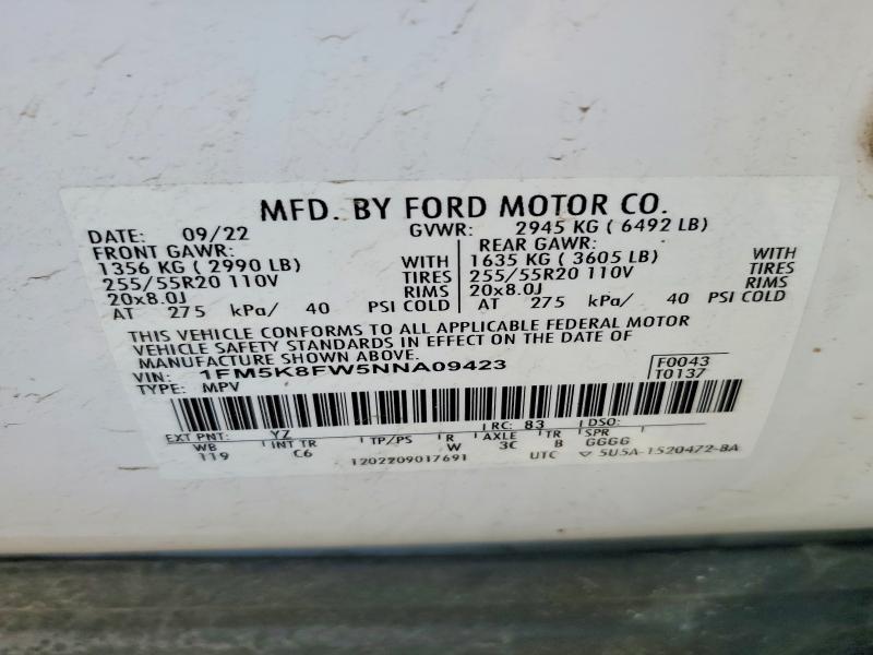 49860226 :رقم المزاد ، 1FM5K8FW5NNA09423 vin ، 2022 Ford Explorer مزاد بيع