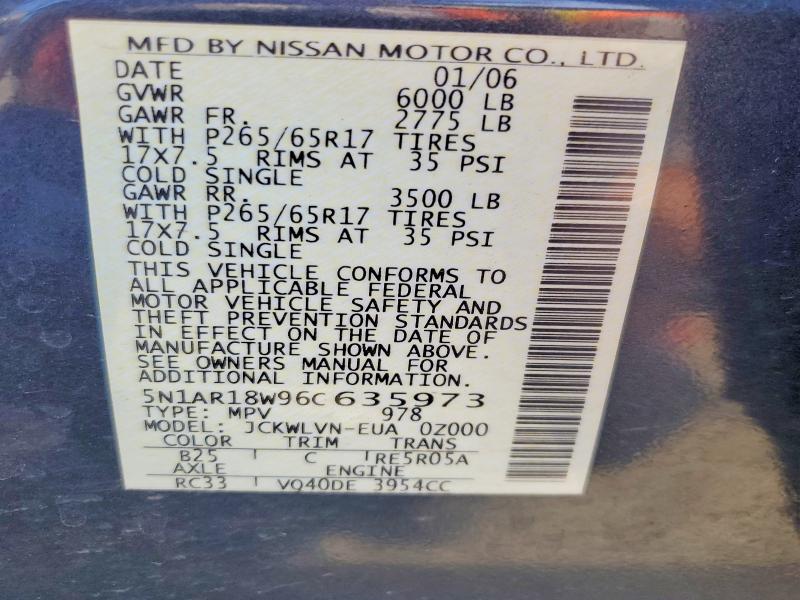 2006 Nissan Pathfinder მანქანა იყიდება აუქციონზე, vin: 5N1AR18W96C635973, აუქციონის ნომერი: 49914526