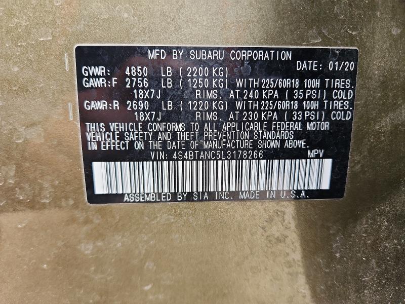 Aukcja sprzedaży 2020 Subaru Outback, vin: 4S4BTANC5L3178266, numer aukcji: 52020246
