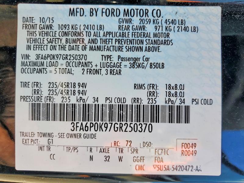Aukcja sprzedaży 2016 Ford Fusion, vin: 3FA6P0K97GR250370, numer aukcji: 48678746