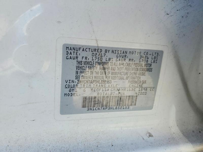Продажа на аукционе авто 2017 Nissan Versa, vin: 3N1CN7AP3HL852153, номер лота: 50458046
